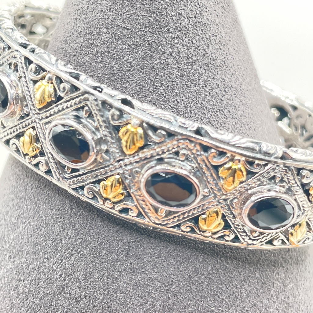 Robert Manse Signed 925 Sterling Silver 18k Onyx Cuff Bangle Bracelet — image 2 of 8